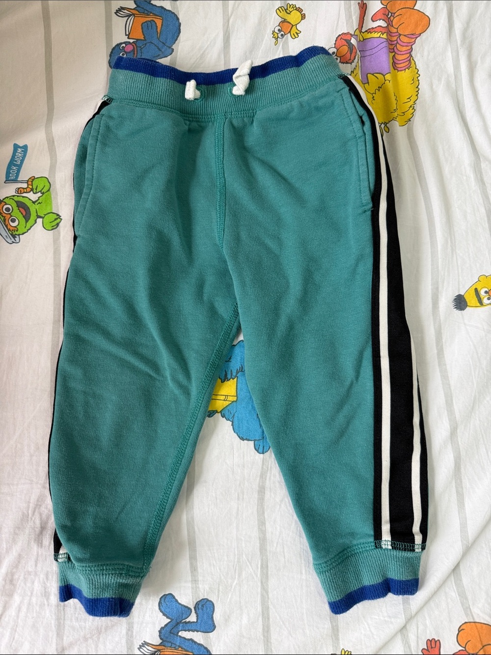 Hanna Andersson Teal Jogger Sweatpants with Black & White Side Stripes 3T